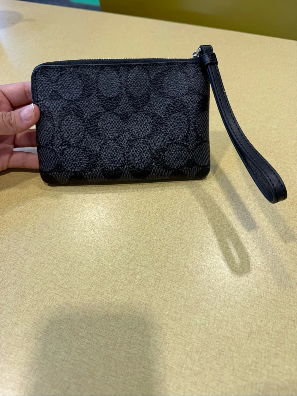 Coach Black Signature Wristlet with Leather Trim